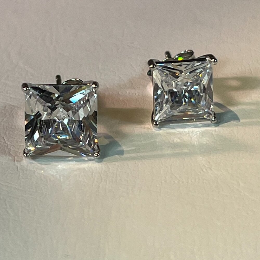 925 Silver Crystal Stud Earrings Screw Back Square Men's 7 mm with gift box